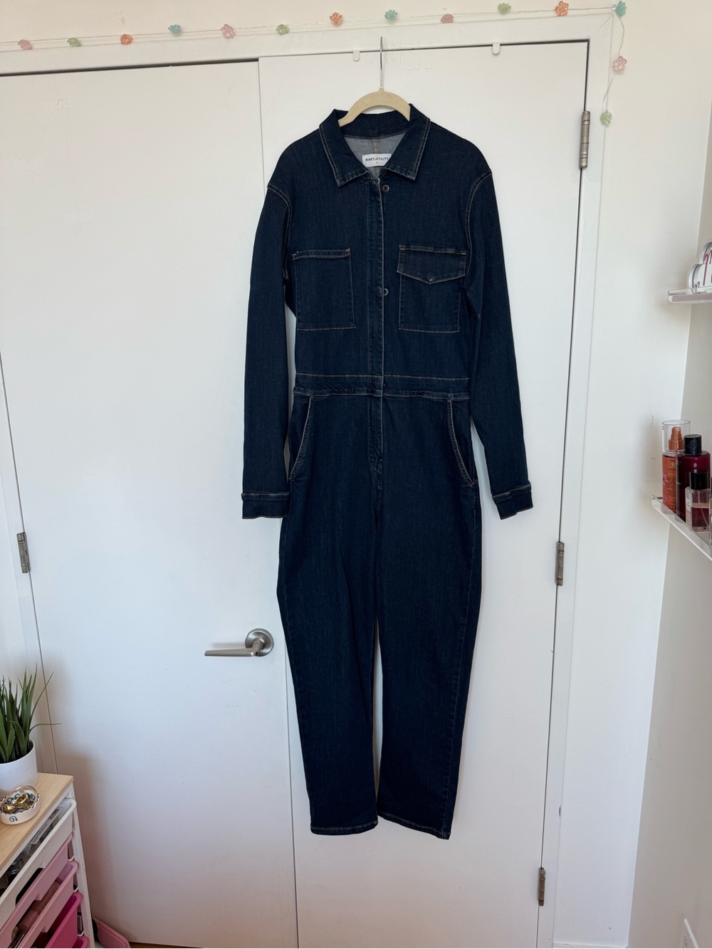 Women's Dark Indigo Denim Jumpsuit - Classic Long-Sleeve